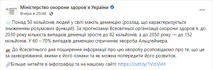 Министерство здравоохранения Украины сообщает о том, что более 50 миллионов человек в мире имеют деменцию