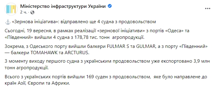 Украину покинули еще 4 судна с продовольствием