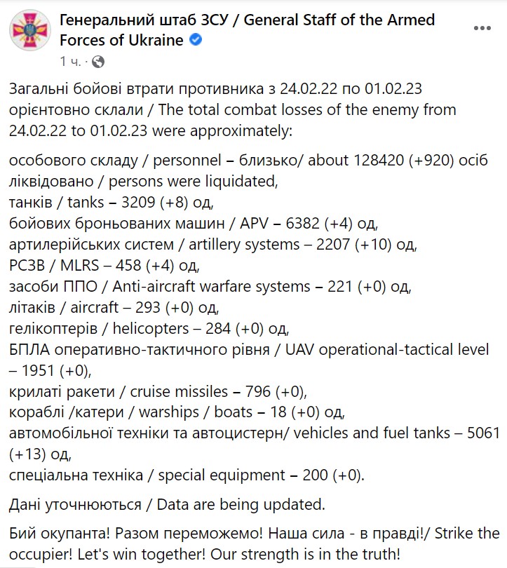 Втрати Росії у війні на 1 лютого