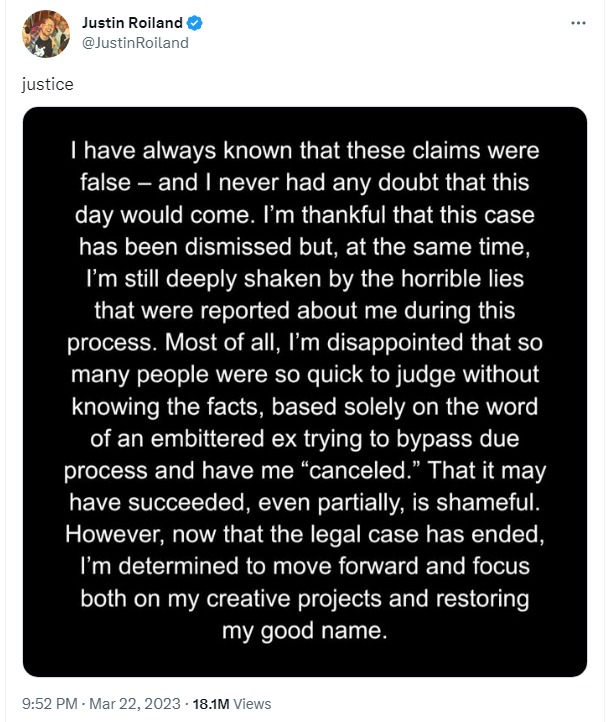 Скриншот поста Джастина Ройланда