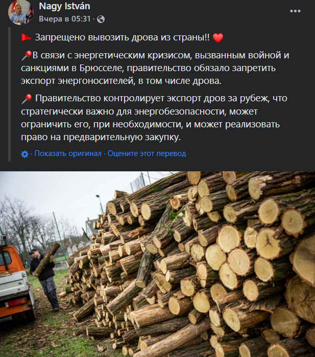 Из Венгрии запретили вывозить дрова