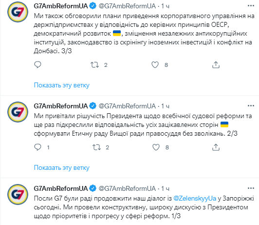 Послы G7 рассказали о встрече с Зеленским. Скриншот из твиттера