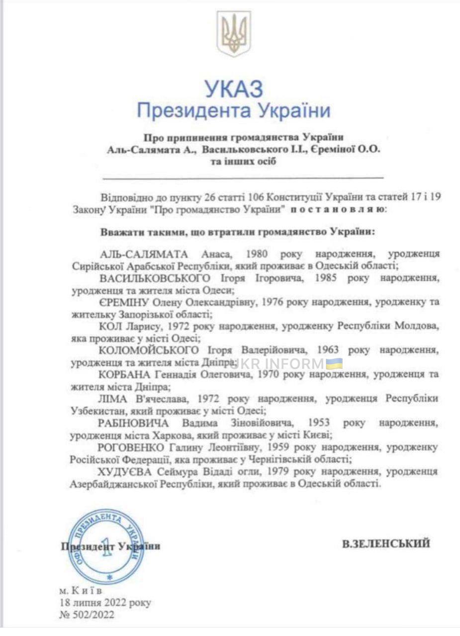 Указ о лишении гражданства. Скриншот из Телеграм