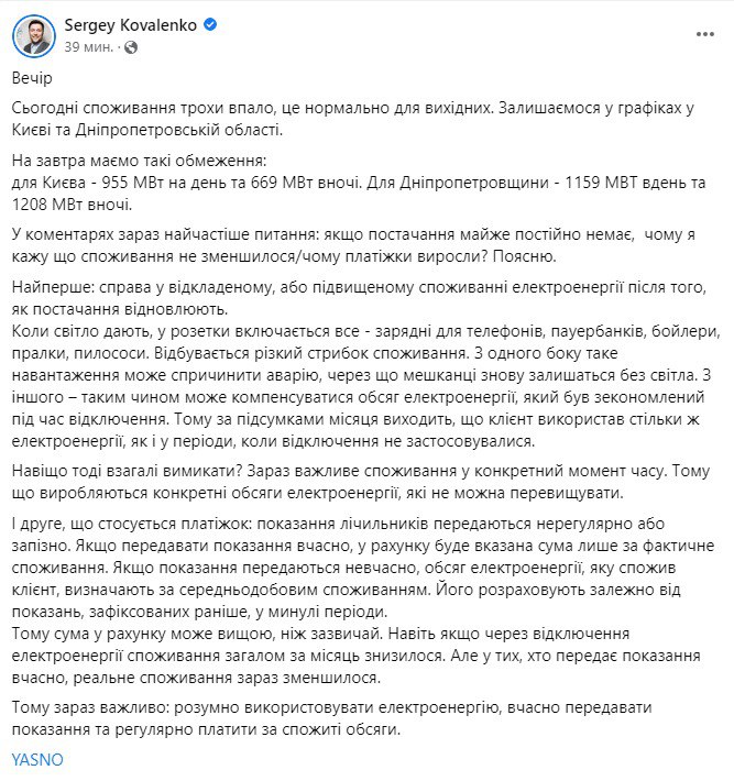 Ліміти електроенергії на 29 січня