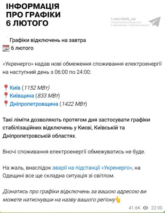 Графіки та ліміти на 6 лютого