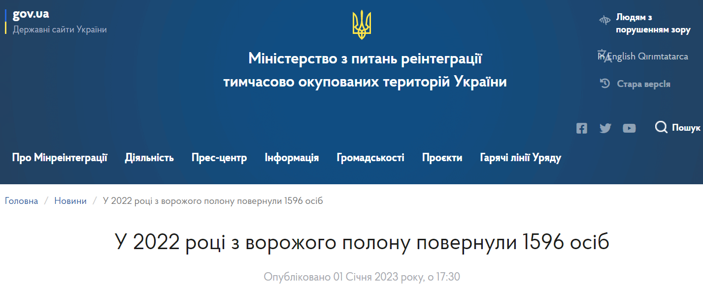 Из плена с начала войны вернули 1596 человек