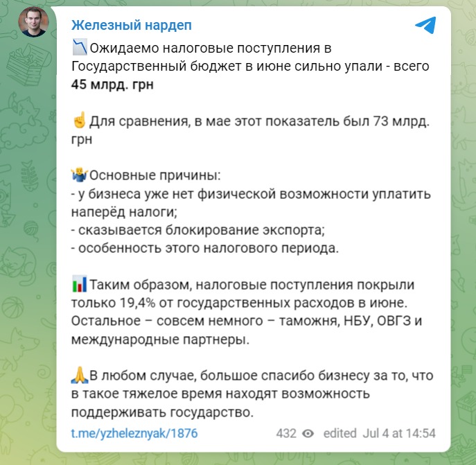 Скриншот из Телеграм Ярослава Железняка