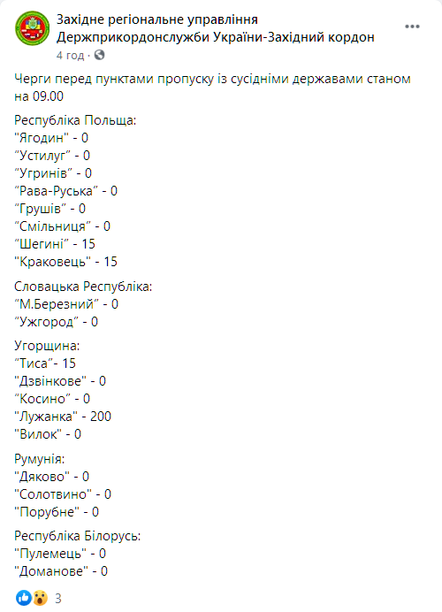 На границе с Венгрией застряли 215 машин. Скриншот: facebook.com/zahidnuy.kordon