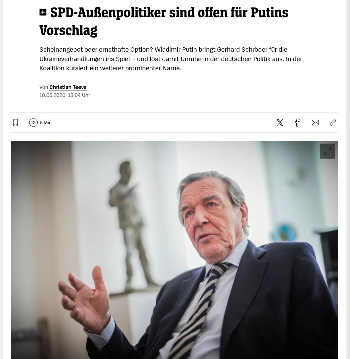 Снимок заголовка на spiegel.de – Франк-Вальтер Штайнмайер и Герхарда Шрёдер могут стать переговорщиками с Россией