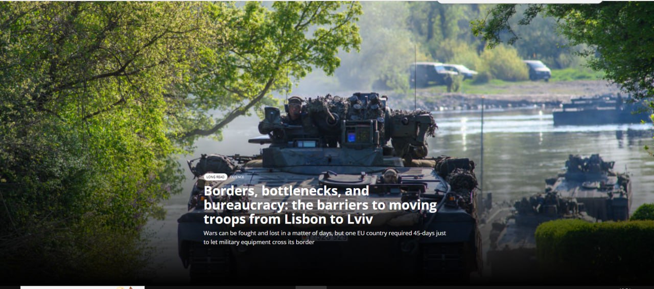 Снимок заголовка на euractiv.com - Евросоюз ускоряет военную мобильность для обеспечения гарантий Украине