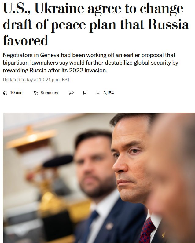 Снимок заголовка на washingtonpost.com - Сторонники Трампа торопят Зеленского подписать мирный план США