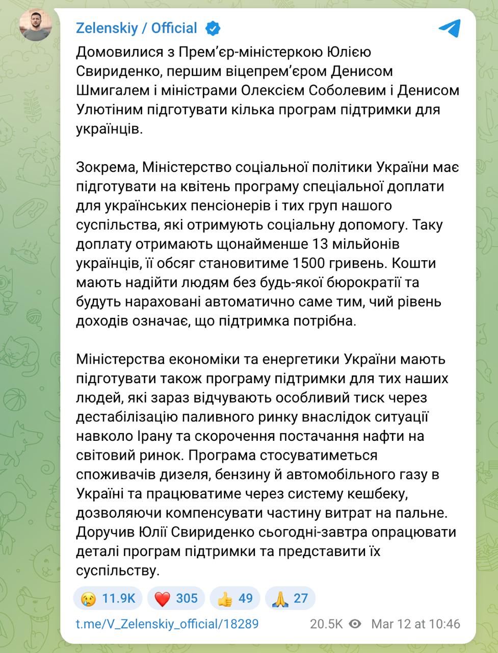 Знімок повідомлення Зеленського у Телеграмі &ndash; українцям компенсують подорожчання палива