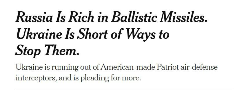 Знімок заголовка на nytimes.com &ndash; Україна відчуває дефіцит засобів ППО для захисту від ракетних атак Росії
