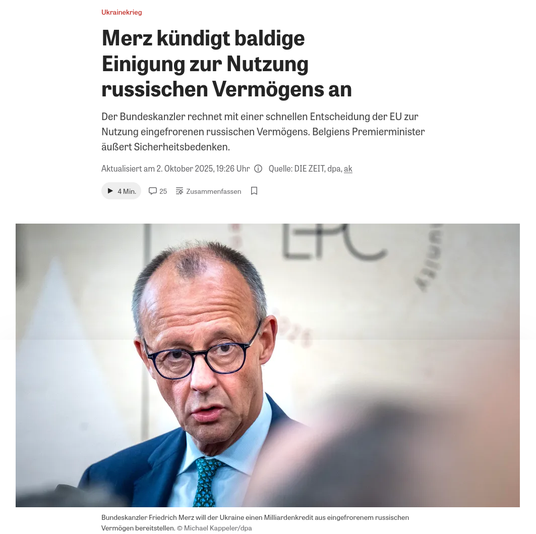 Снимок заголовка на zeit.de/politik/ausland/2025-10/friedrich-merz-einigung-eu-russisches-vermoegen-kredit-ukraine