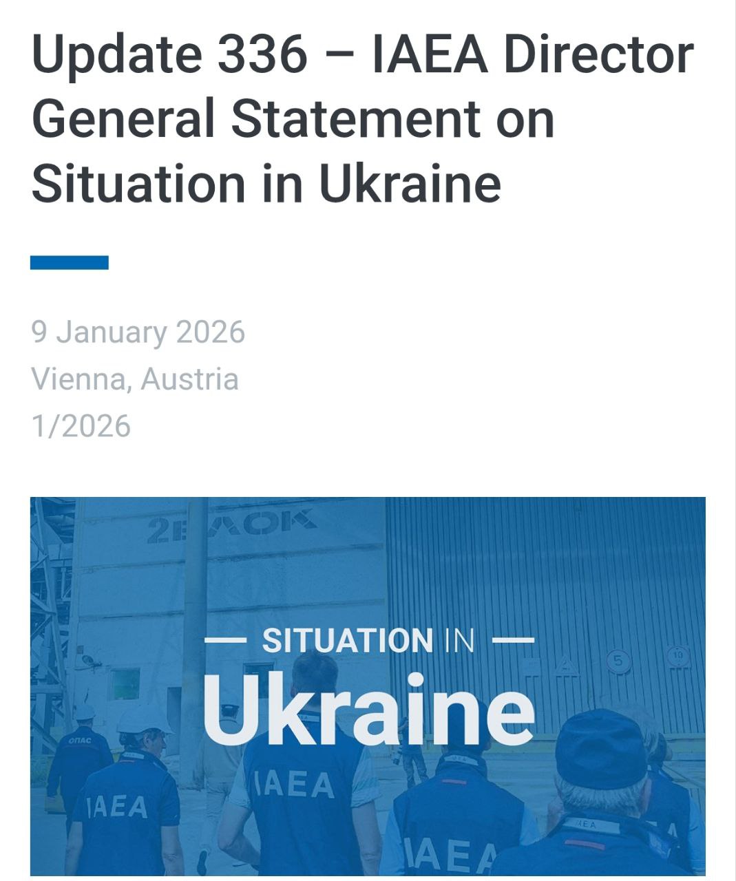Снимок заголовка на iaea.org - МАГАТЭ ведёт консультации о перемирии около Запорожской АЭС для проведения ремонта