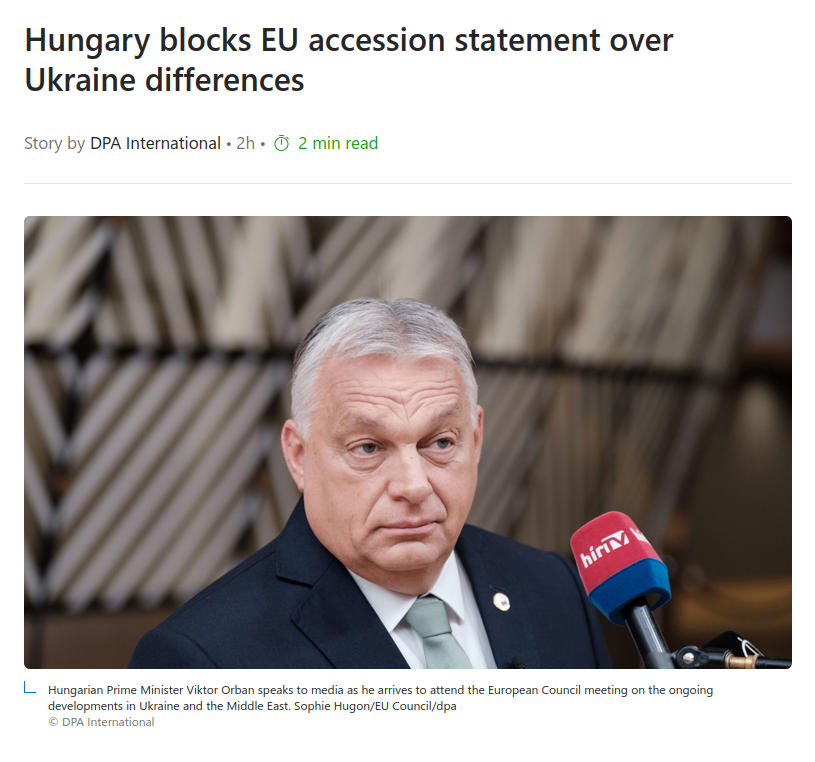 Снимок заголовка на msn.com - Вето Венгрии блокирует переговоры Украины о вступлении в Евросоюз